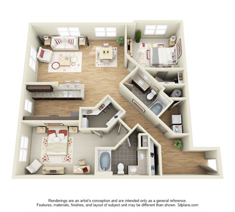 Floor plan for 2 beds, 2 baths, 1542 sqft